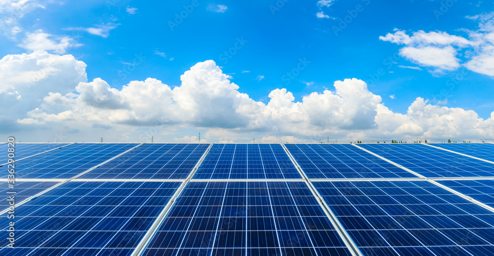 Photovoltaic solar power panel on sky background,green clean alternative energy concept.