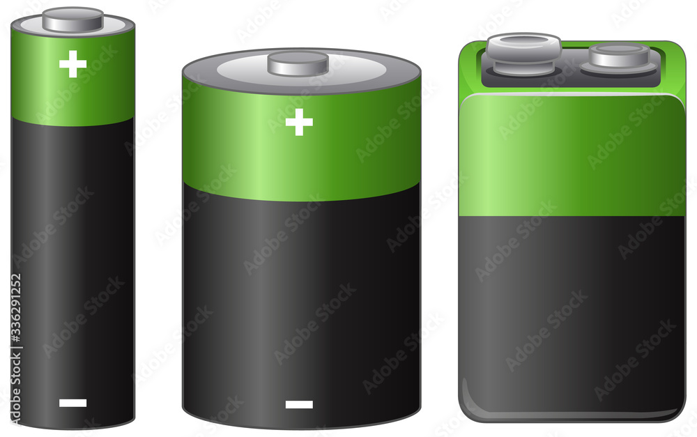 Three sizes of battery on white background