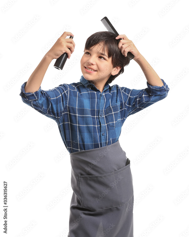 Cute little hairdresser on white background