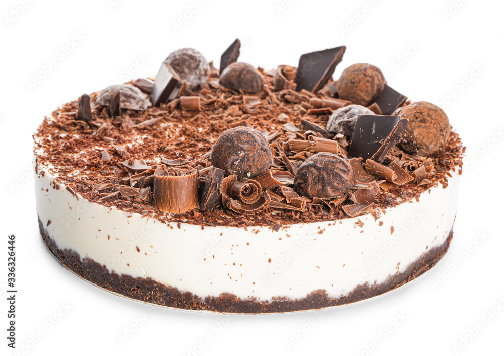 Tasty chocolate cheesecake on white background