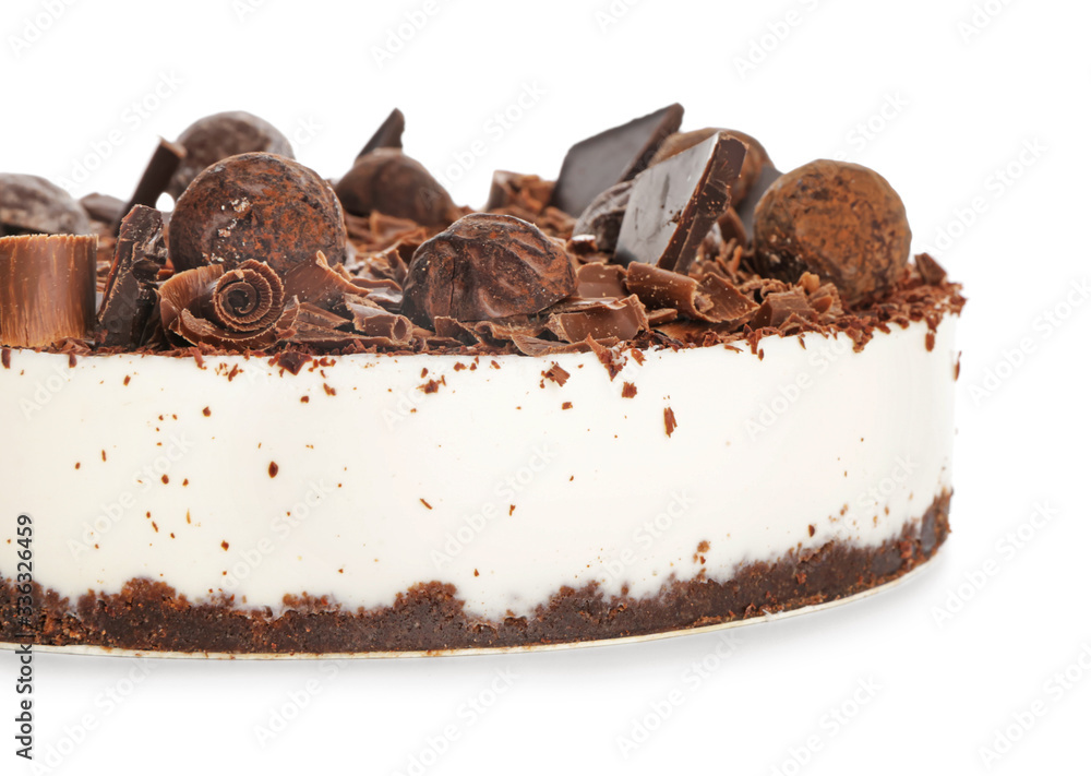 Tasty chocolate cheesecake on white background