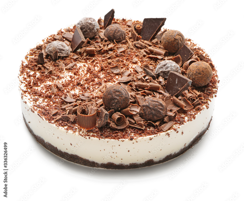 Tasty chocolate cheesecake on white background