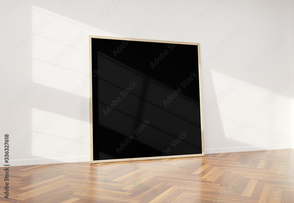 Wooden frame leaning in bright white interior with wooden floor mockup 3D rendering