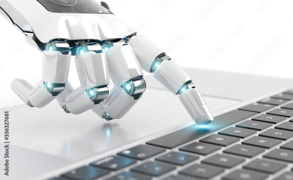 White robot cyborg hand pressing a keyboard on a laptop 3D rendering