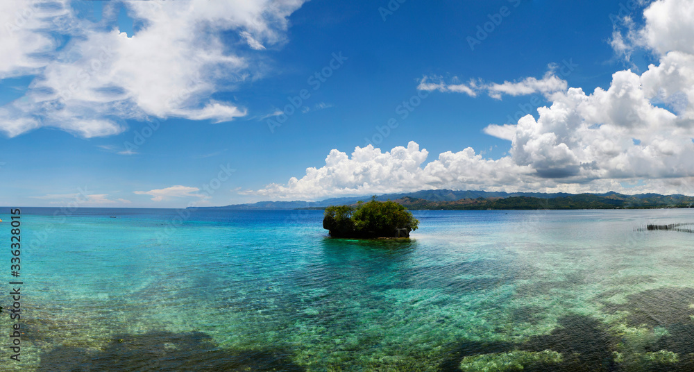 view of a small island in the middle of coral reef  in philippines