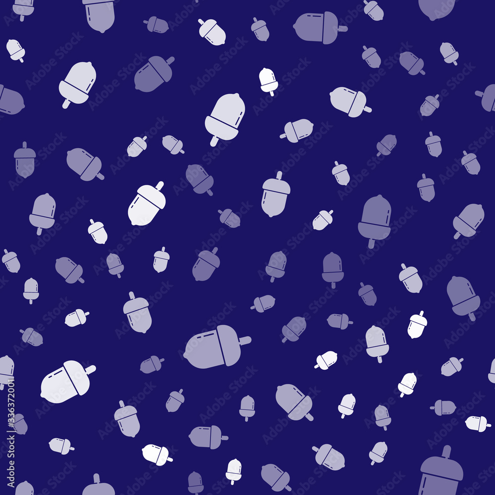 White Acorn icon isolated seamless pattern on blue background. Vector Illustration