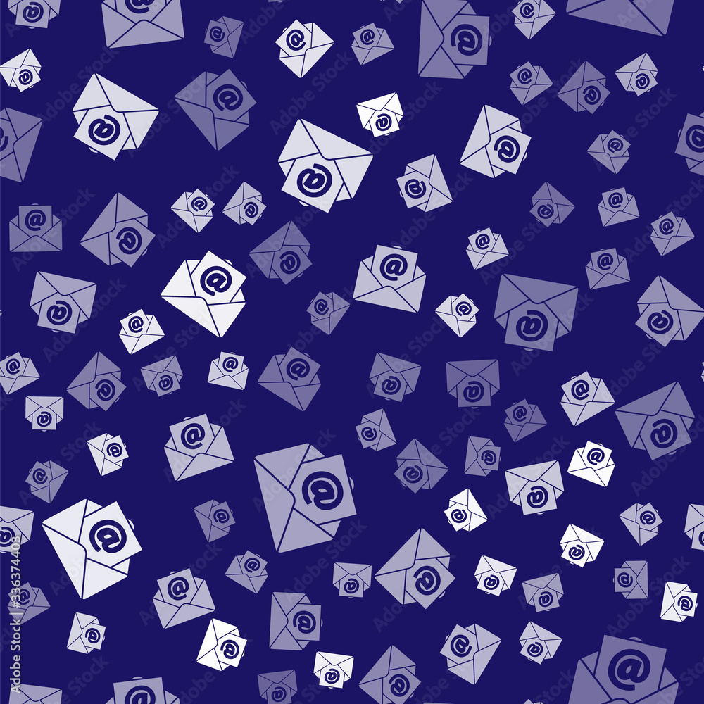 White Mail and e-mail icon isolated seamless pattern on blue background. Envelope symbol e-mail. Ema