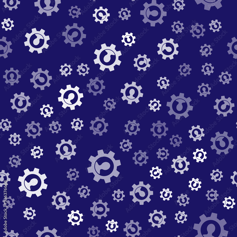 White Human with gear inside icon isolated seamless pattern on blue background. Artificial intellige