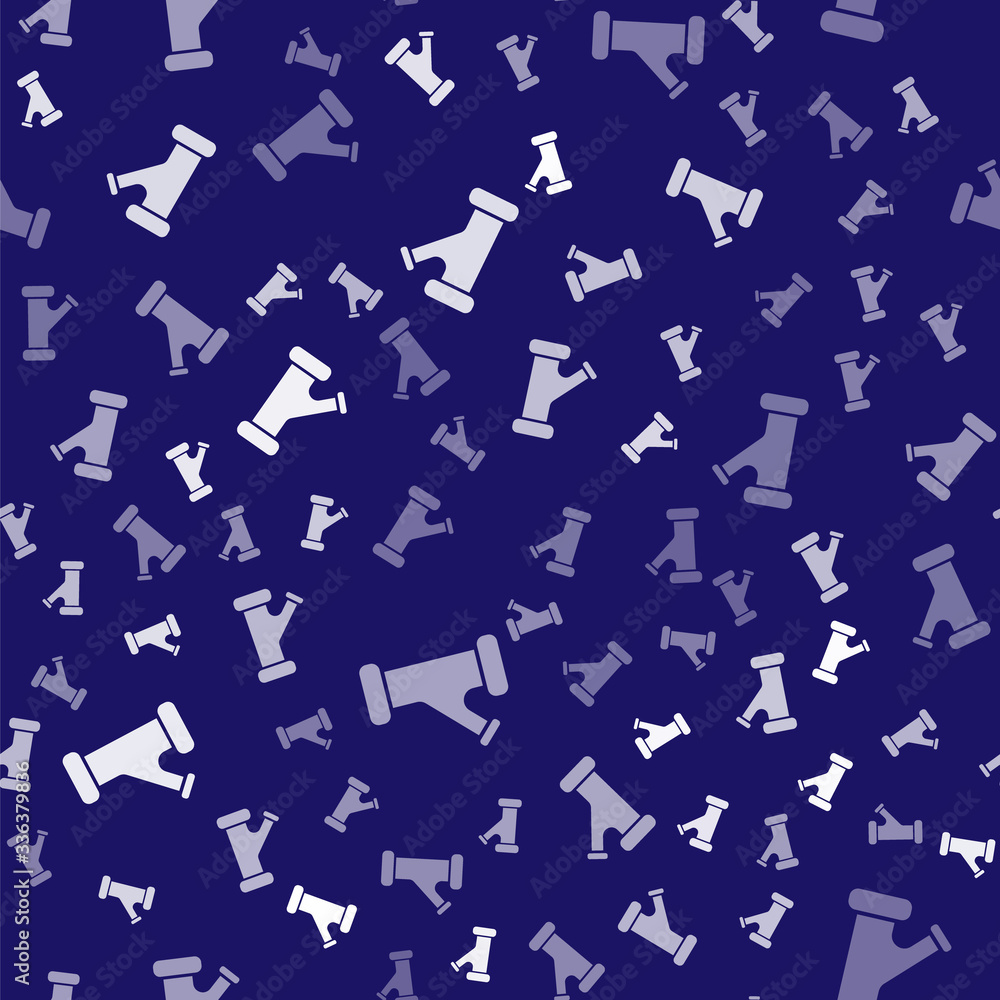 White Industry metallic pipe icon isolated seamless pattern on blue background. Plumbing pipeline pa