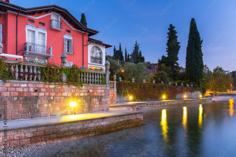 Beautful coastline of Garda lake at dusk, northern Italy