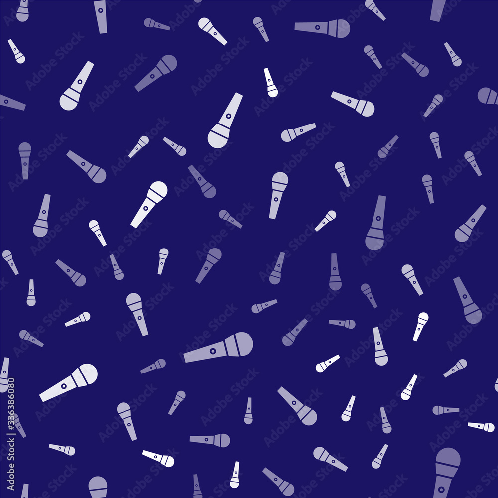 White Karaoke icon isolated seamless pattern on blue background. Microphone and monitor. Vector Illu