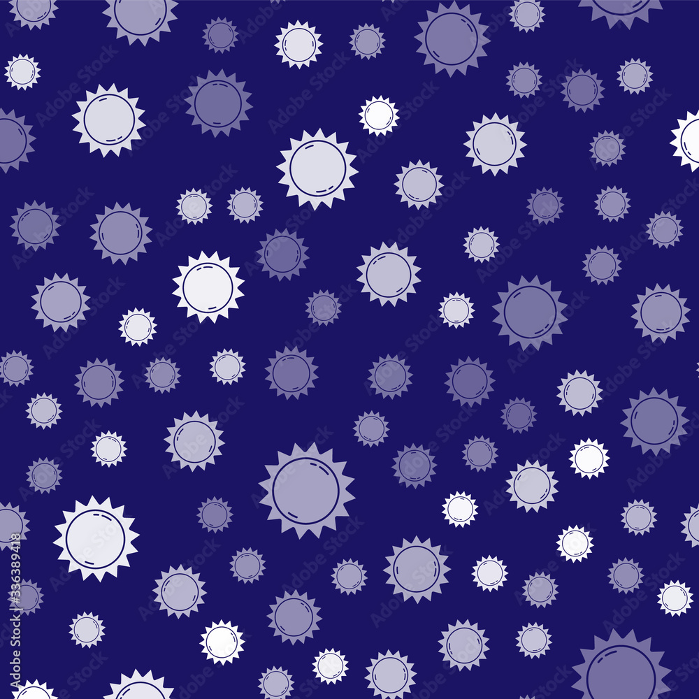 White Sun icon isolated seamless pattern on blue background. Summer symbol. Good sunny day. Vector I