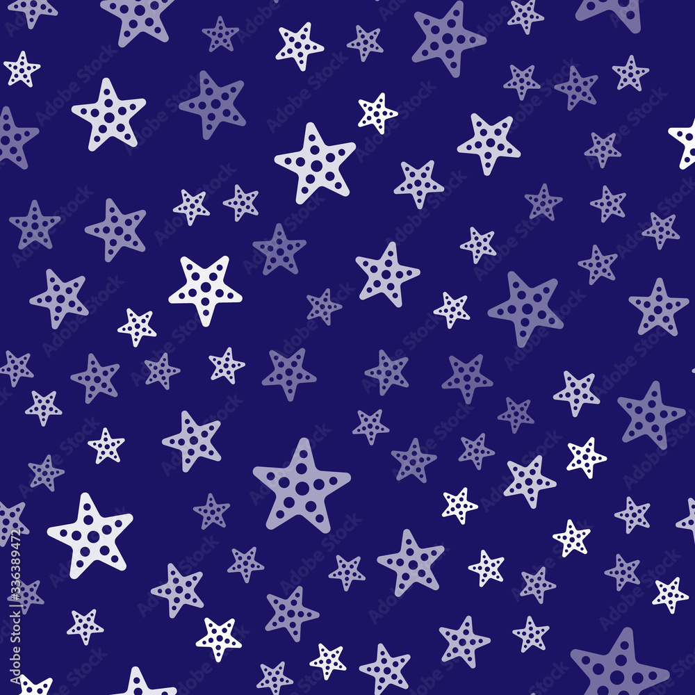 White Starfish icon isolated seamless pattern on blue background. Vector Illustration