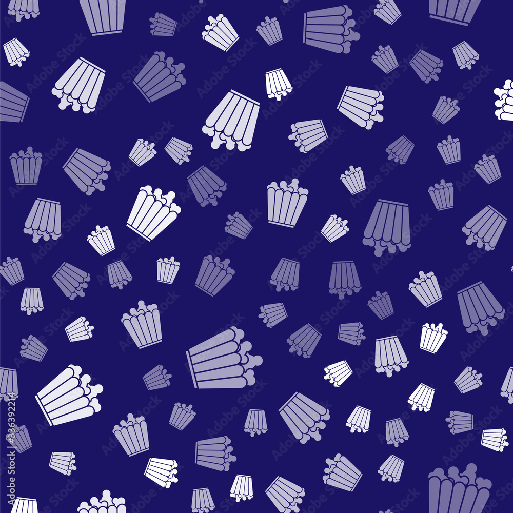 White Popcorn in cardboard box icon isolated seamless pattern on blue background. Popcorn bucket box