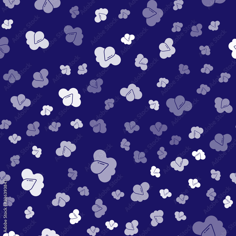 White Cloud with rain icon isolated seamless pattern on blue background. Rain cloud precipitation wi