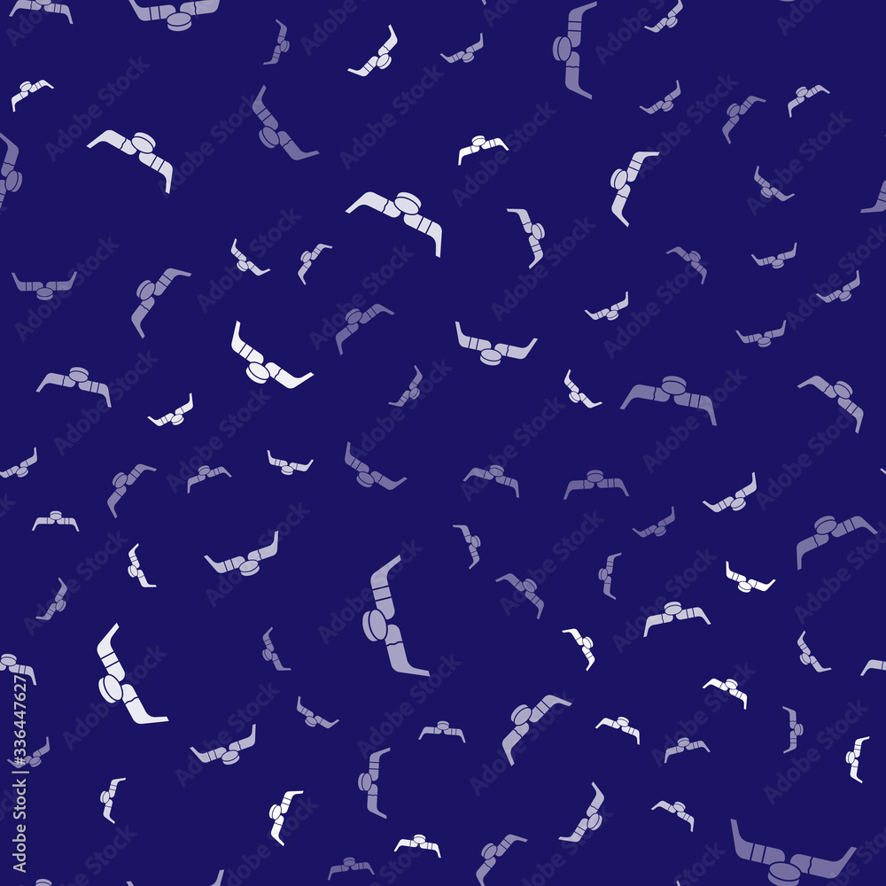 White Ice hockey sticks and puck icon isolated seamless pattern on blue background. Game start. Vect