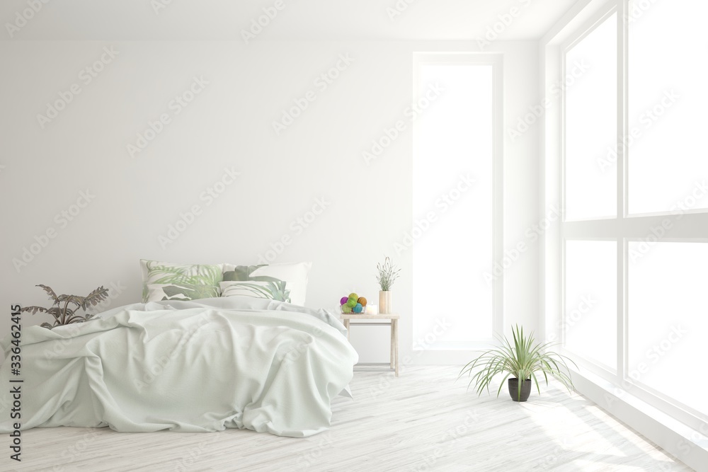 White bedroom interior. Scandinavian design. 3D illustration