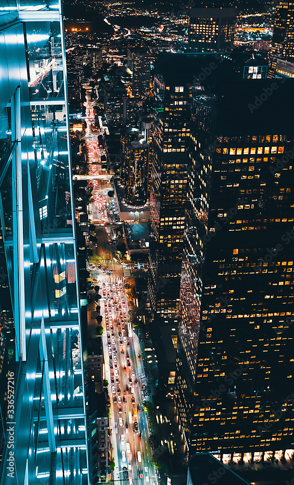 Aerial view of Downtown Los Angeles, CA at night