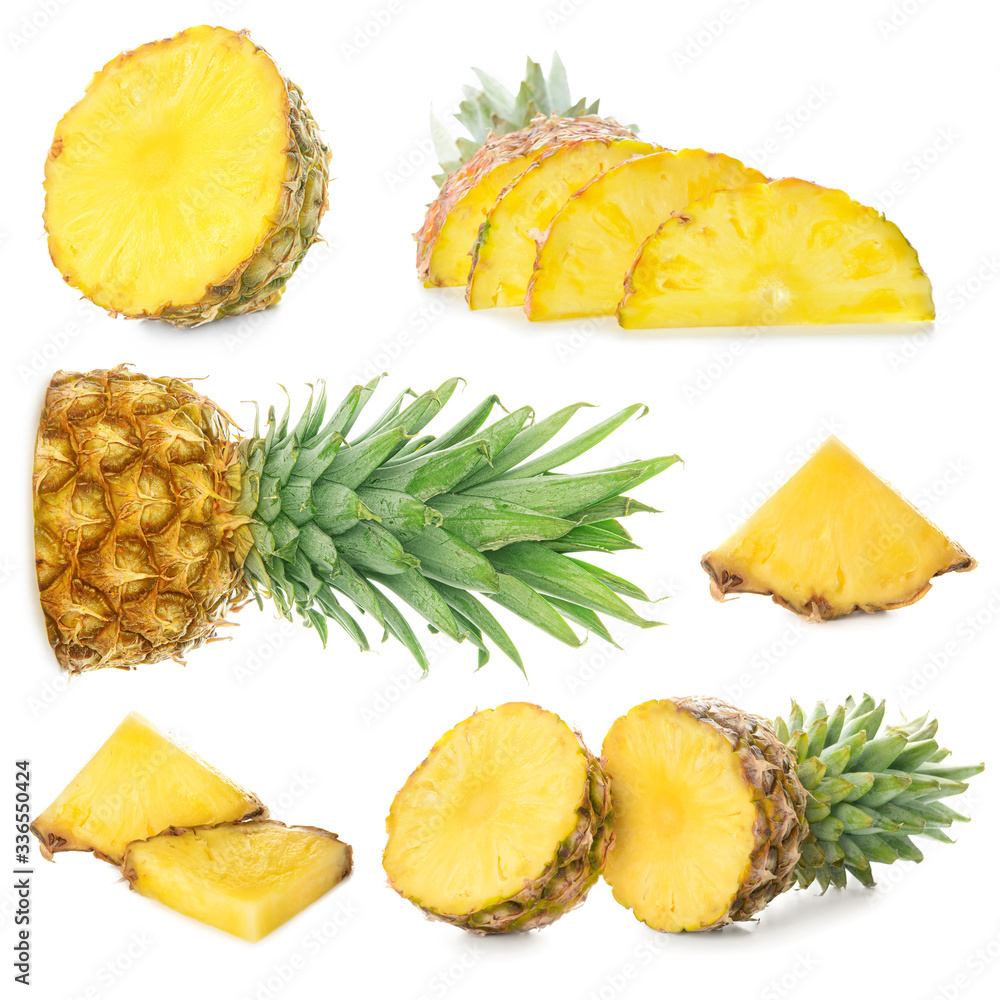 Set of fresh ripe pineapples on white background