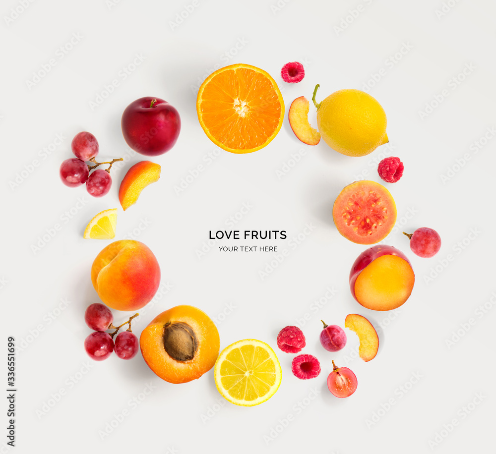 Creative layout made of various fruits arranged in circle. Flat lay. Food concept.