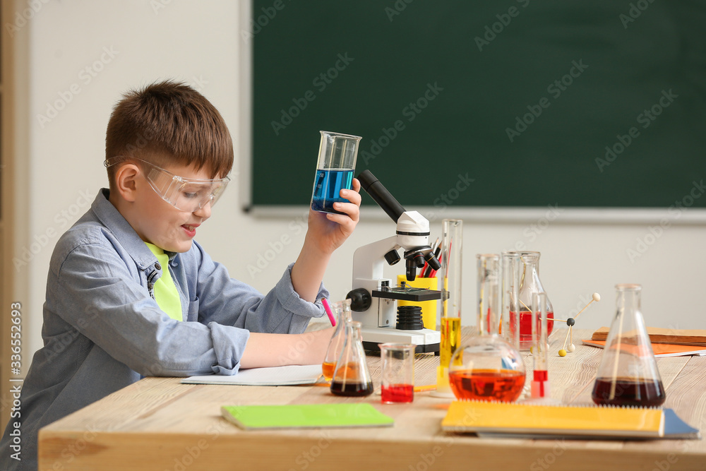 Cute little boy at chemistry lesson in classroom