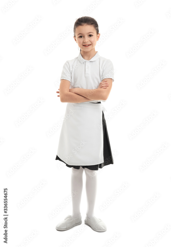 Cute little chambermaid on white background