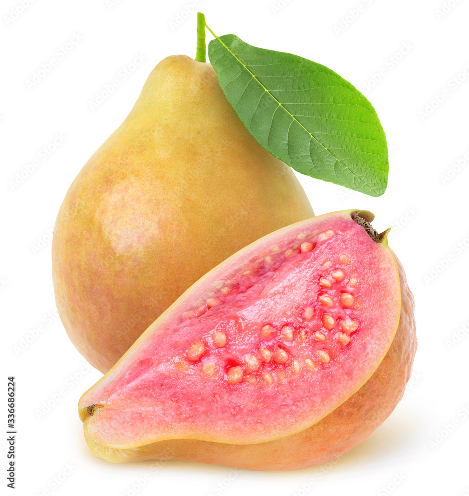 Isolated cut guava fruits. Pink fleshed guava with yellow skin isolated on white background