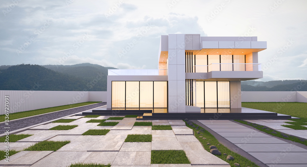 3d rendering exterior modern house in minimal architecture style with sunlight.