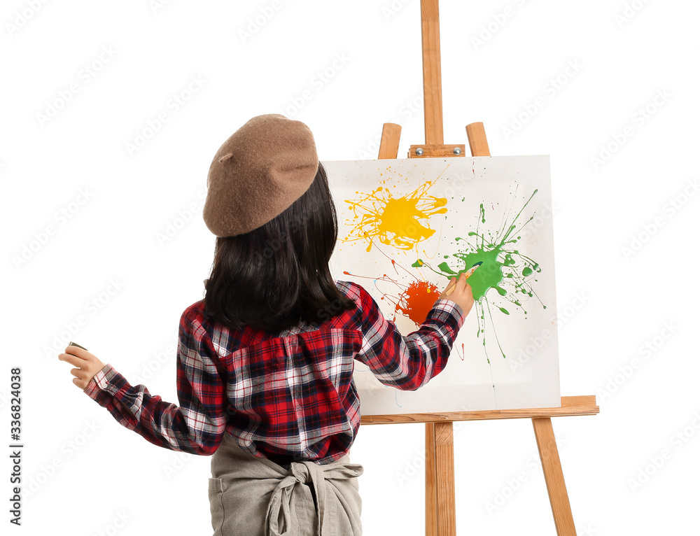 Cute little artist on white background