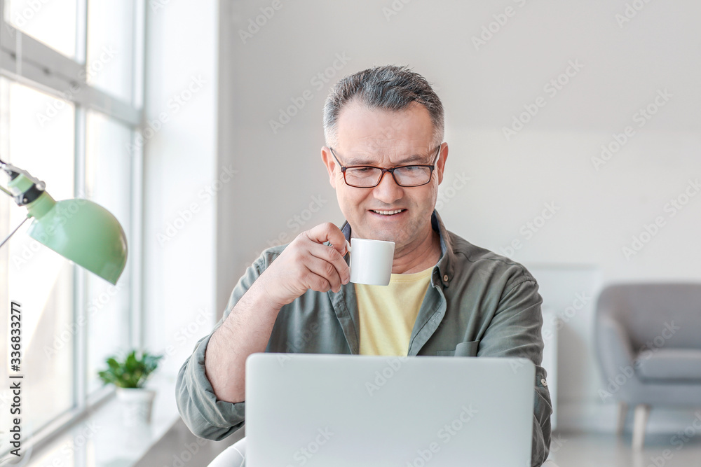 Mature man using laptop at home