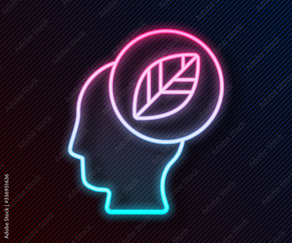 Glowing neon line Human head with leaf inside icon isolated on black background. Vector Illustration