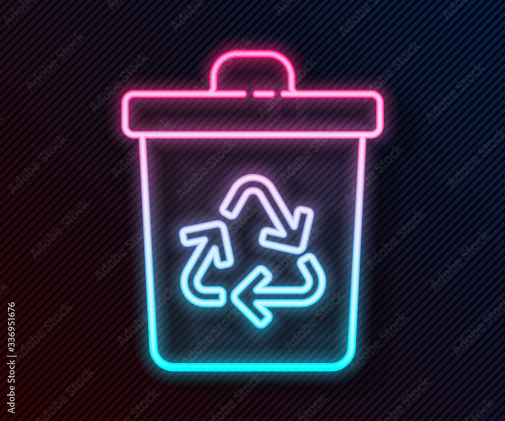 Glowing neon line Recycle bin with recycle symbol icon isolated on black background. Trash can icon.