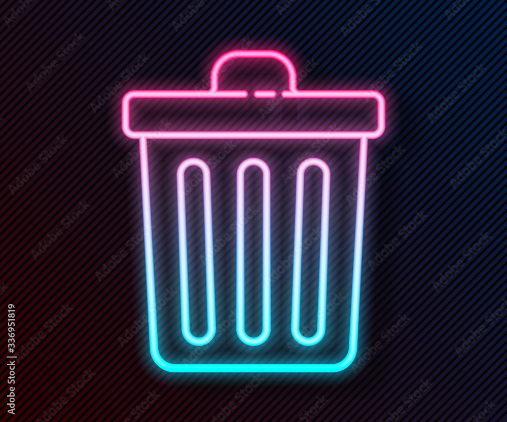 Glowing neon line Trash can icon isolated on black background. Garbage bin sign. Recycle basket icon