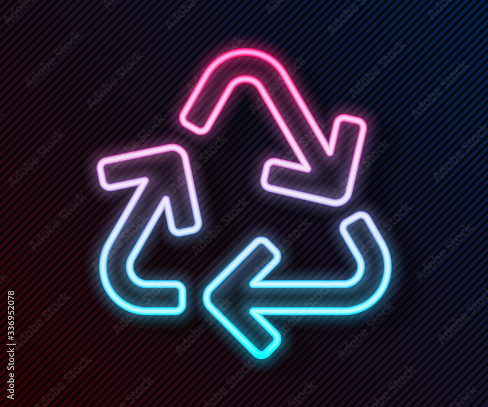 Glowing neon line Recycle symbol icon isolated on black background. Circular arrow icon. Environment