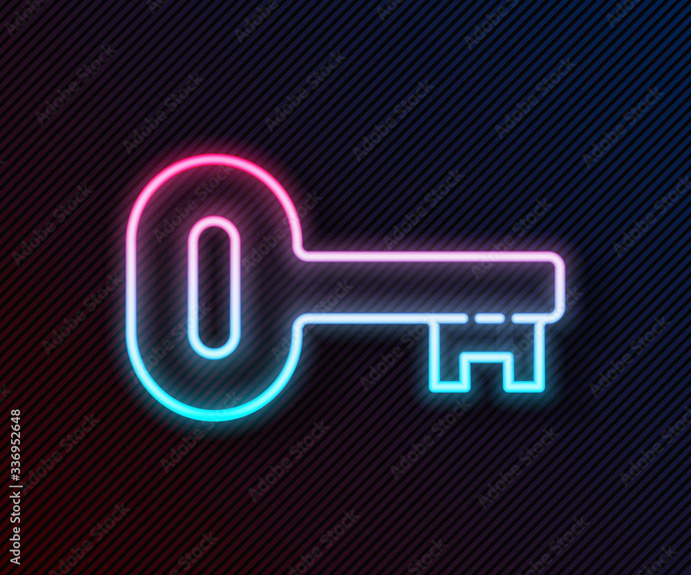 Glowing neon line Old key icon isolated on black background. Vector Illustration