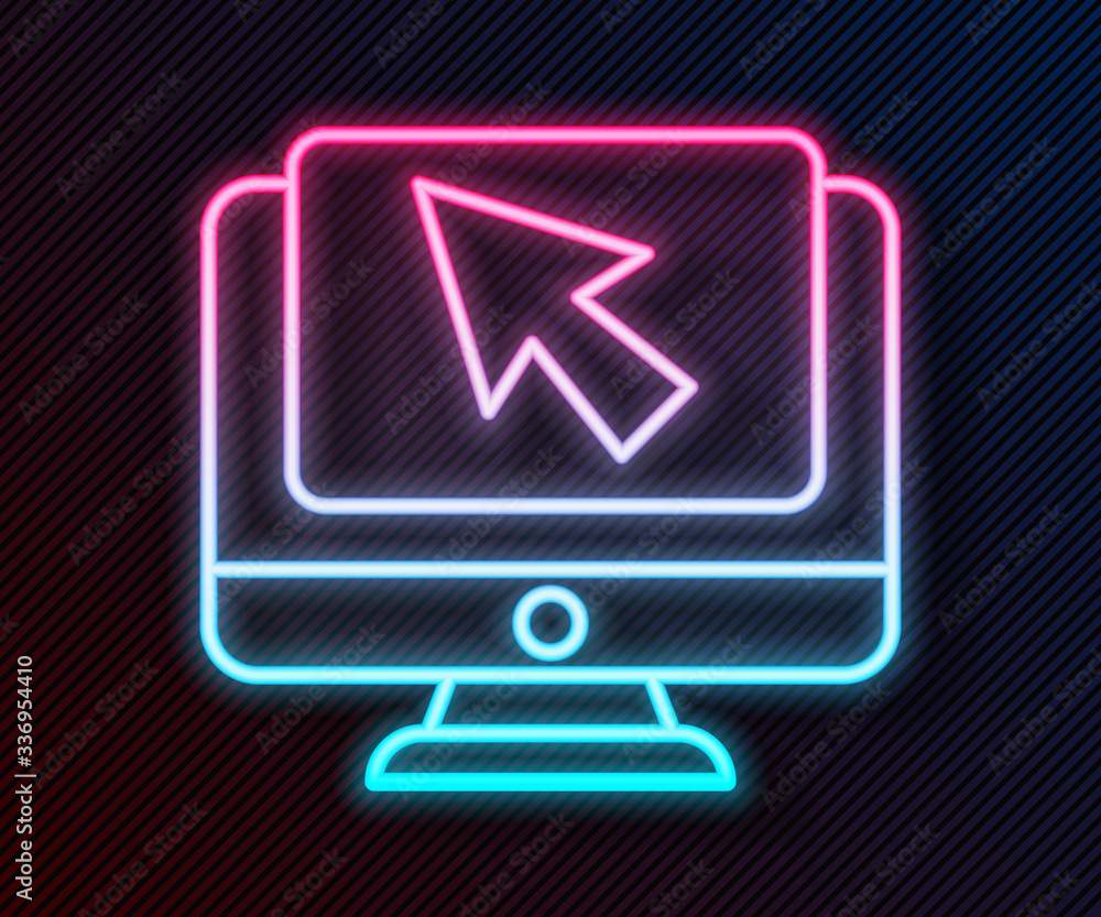 Glowing neon line Computer monitor and cursor icon isolated on black background. Computer notebook w