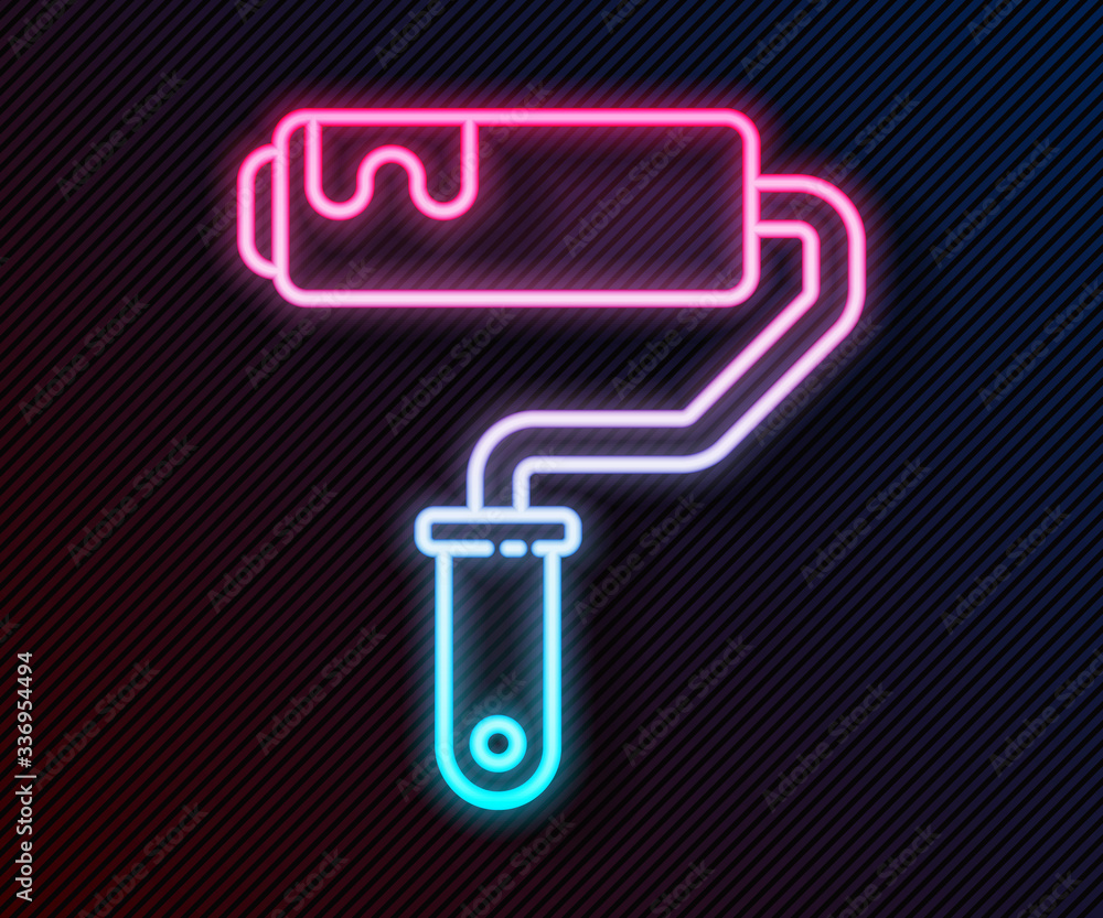 Glowing neon line Paint roller brush icon isolated on black background. Vector Illustration