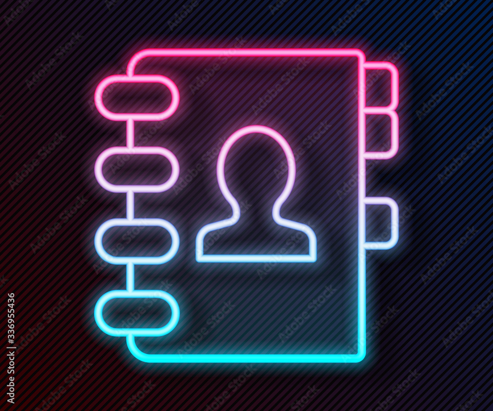 Glowing neon line Address book icon isolated on black background. Notebook, address, contact, direct