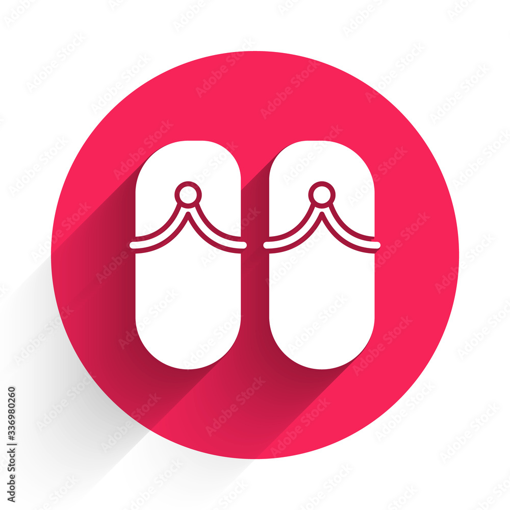 White Flip flops icon isolated with long shadow. Beach slippers sign. Red circle button. Vector Illu