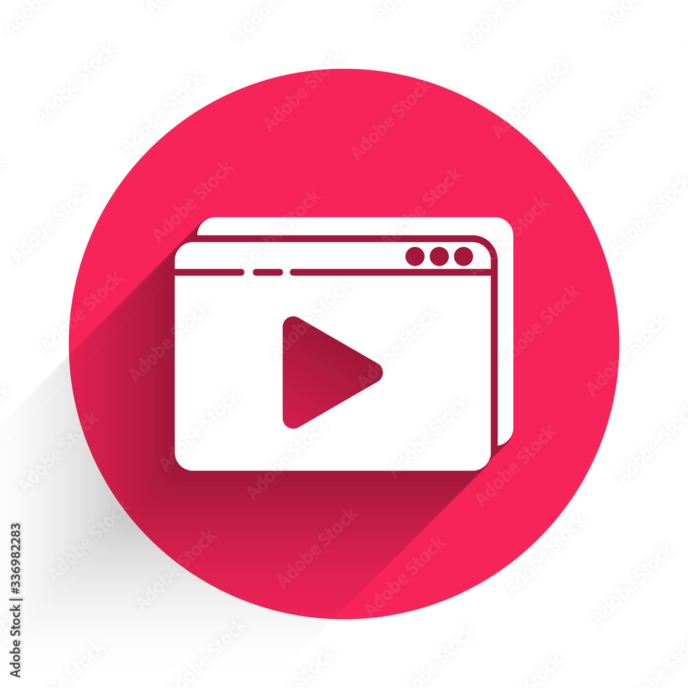 White Online play video icon isolated with long shadow. Film strip with play sign. Red circle button