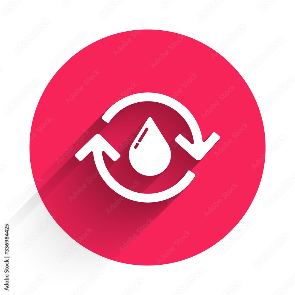 White Recycle clean aqua icon isolated with long shadow. Drop of water with sign recycling. Red circ