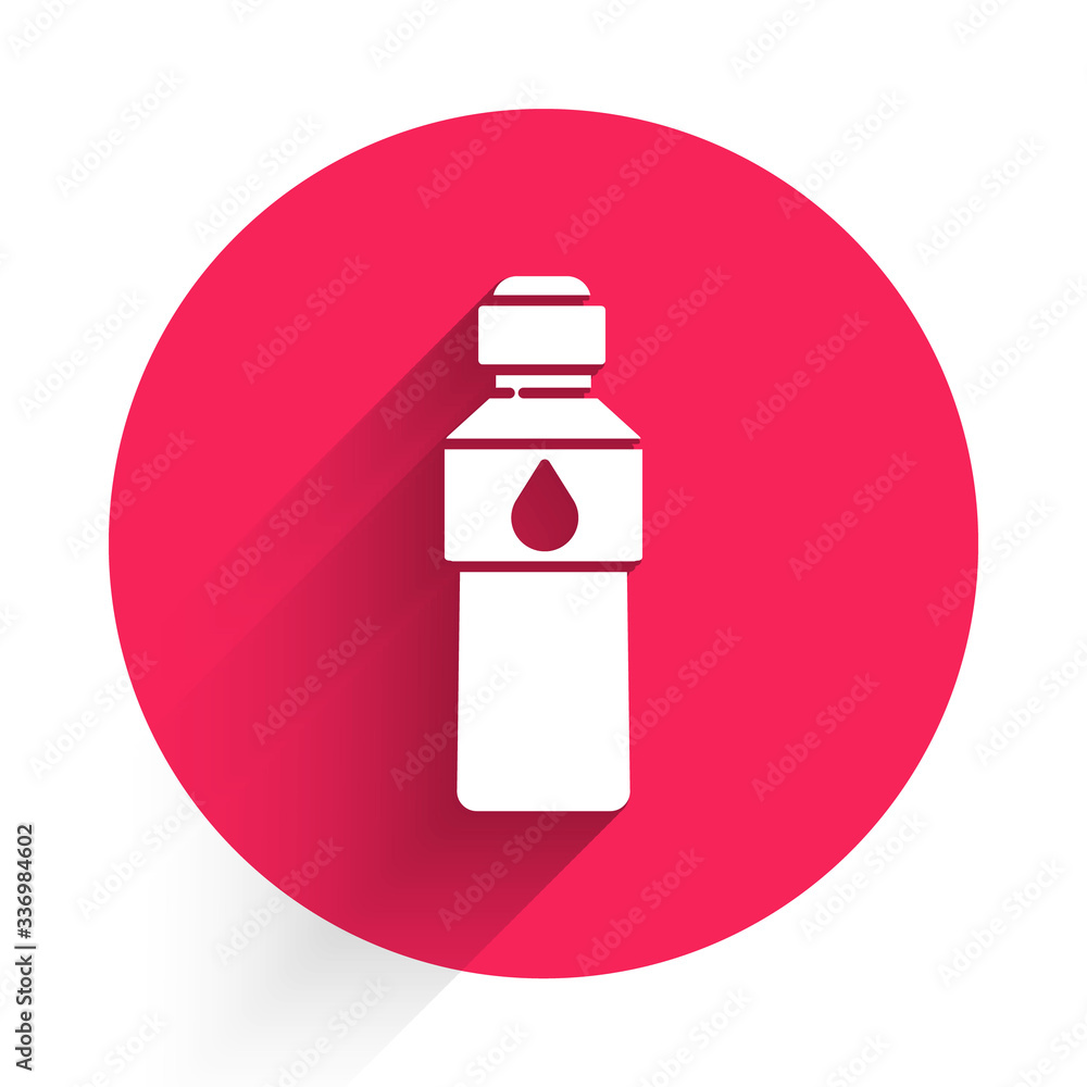 White Bottle of water icon isolated with long shadow. Soda aqua drink sign. Red circle button. Vecto