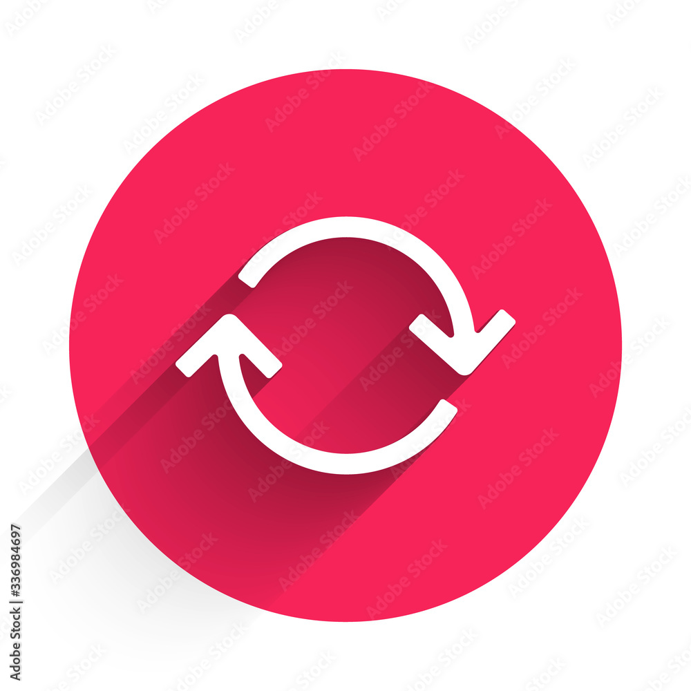 White Refresh icon isolated with long shadow. Reload symbol. Rotation arrows in a circle sign. Red c