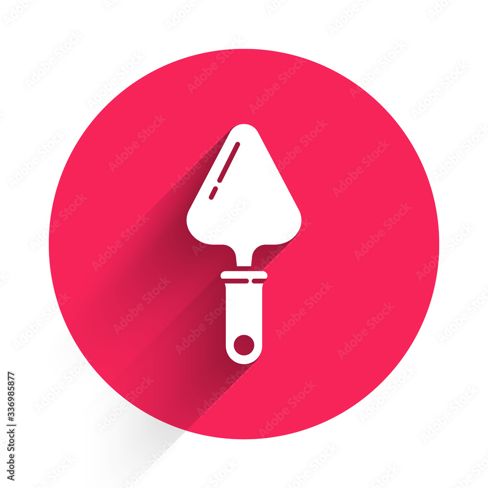 White Trowel icon isolated with long shadow. Red circle button. Vector Illustration