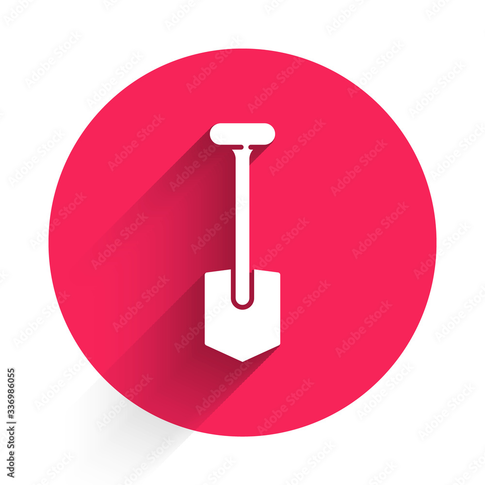 White Shovel icon isolated with long shadow. Gardening tool. Tool for horticulture, agriculture, far