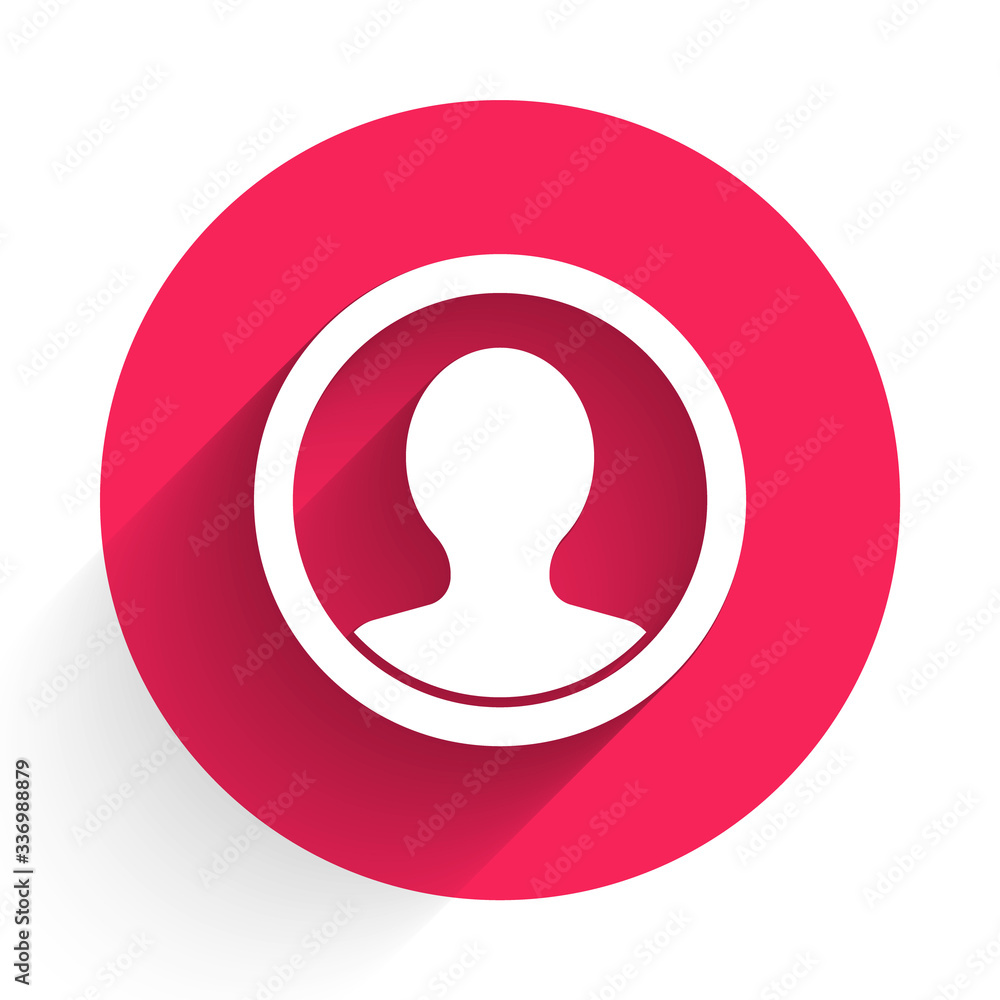 White Create account screen icon isolated with long shadow. Red circle button. Vector Illustration