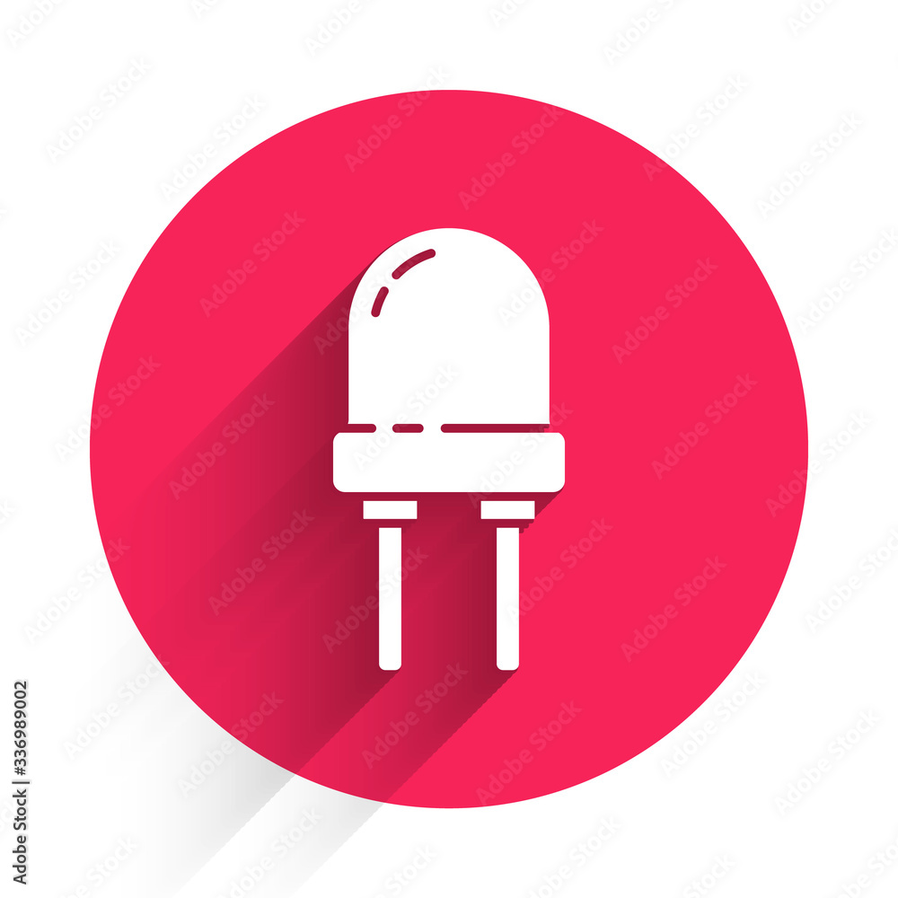 White Light emitting diode icon isolated with long shadow. Semiconductor diode electrical component.