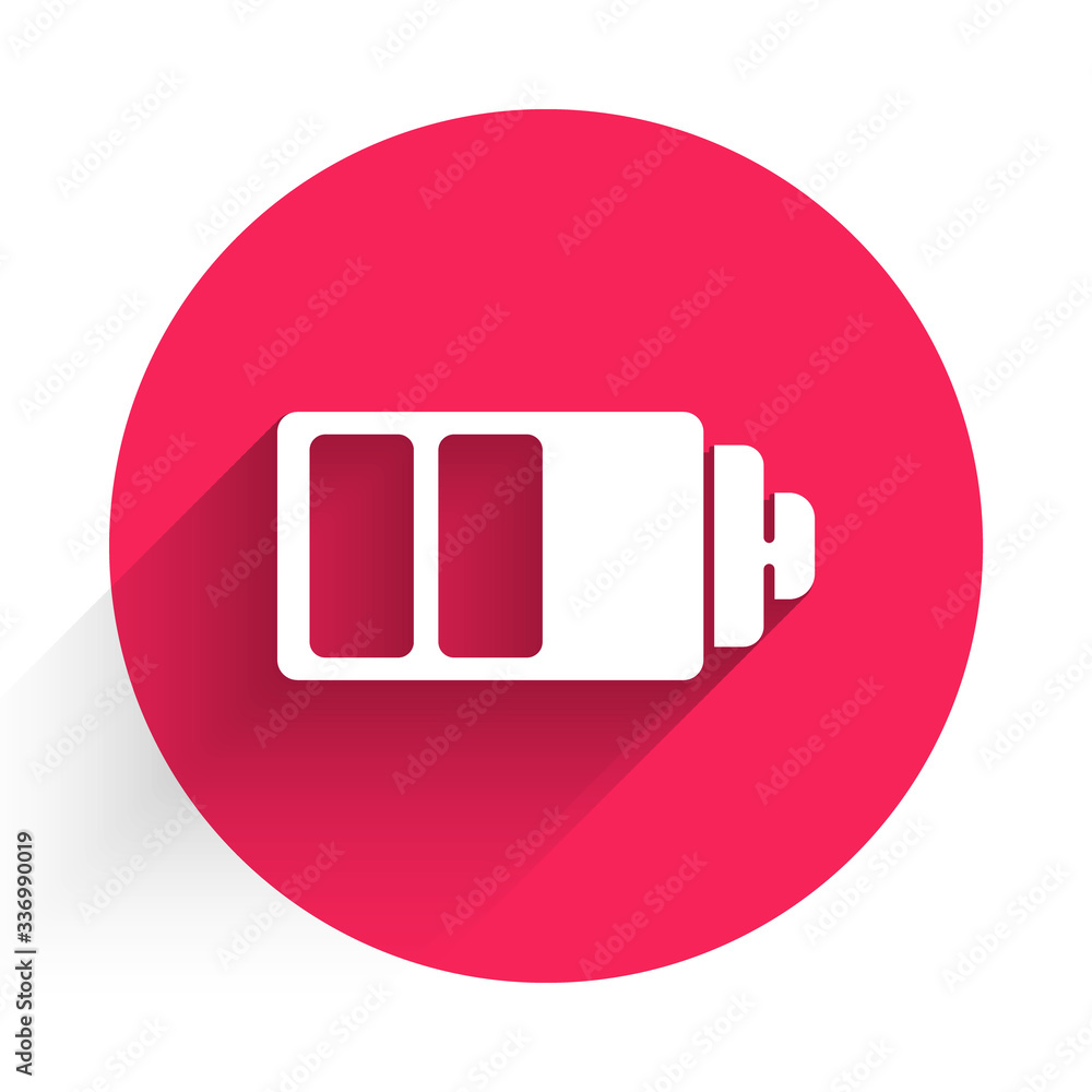 White Battery charge level indicator icon isolated with long shadow. Red circle button. Vector Illus