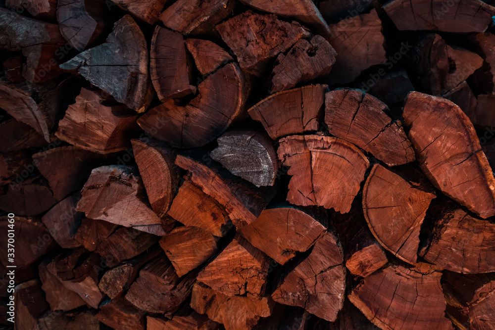 Close-up photo of firewood stacked into a neat pile. Firewood stacked ready for use in a fireplace i