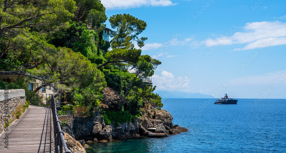 Ligurian sea shore near Portofino. Sunny summer day, Liguria, Italy. Spectacular summer landscape. C